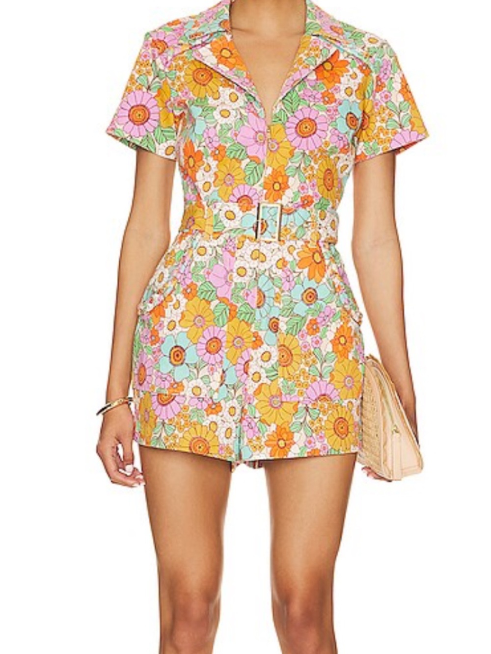 Show Me Your MuMu Floral Belted Romper in Orange, Pink & Mint